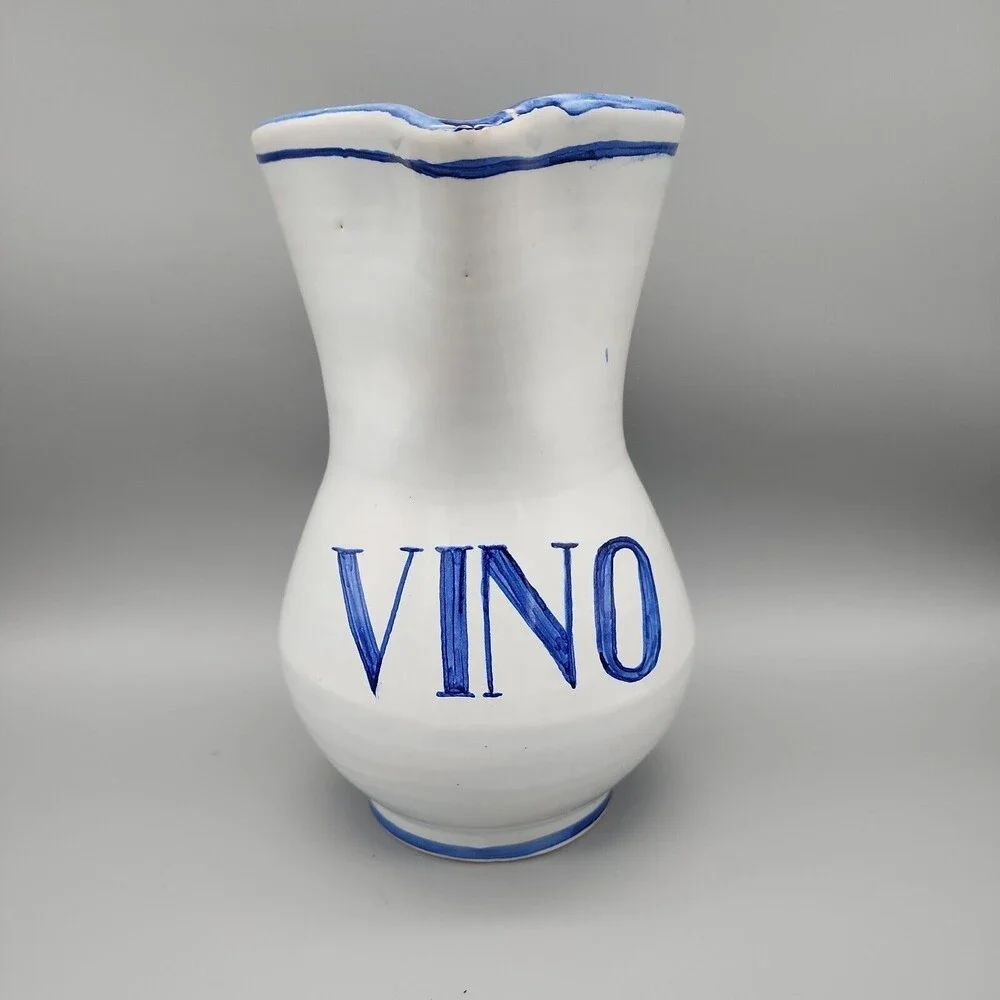Talavera Spain Vino Pitcher Jug Hand Painted Pottery White Cobalt Blue Marked